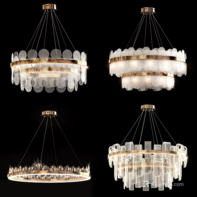 Elegant Modern Chandeliers Featuring Glass Discs Cylinders And Golden Layered Frames 3d model 