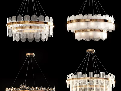 Elegant Modern Chandeliers Featuring Glass Discs Cylinders And Golden Layered Frames 3d model