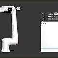 Robotic Arm Character With Control Box And Small Mechanical Parts In White Industrial Setup
