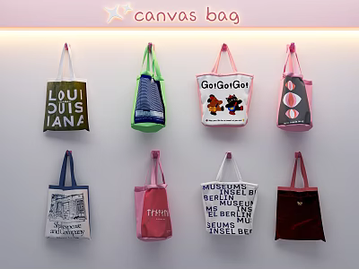 Stylish Canvas Bags With Diverse Designs And Colorful Patterns Hanging On Wall 3d model
