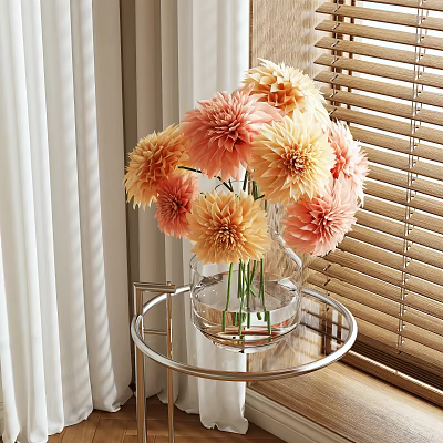 Orange and Pink Dahlias in Transparent Glass Vase on Metal Round Table with White Curtains 3d model