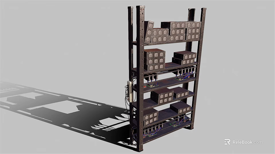 Computer Hardware Storage Rack With Stacked Shelves Holding Various Electronic Components 3d model