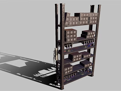 Computer Hardware Storage Rack With Stacked Shelves Holding Various Electronic Components 3d model