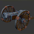 Vintage Cannon Weapon With Wooden Wheels Metal Barrel And Red Accents