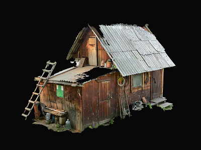 Rustic Old Wooden Cabin Exterior With Corrugated Metal Roof Ladder And Clay Pots 3d model