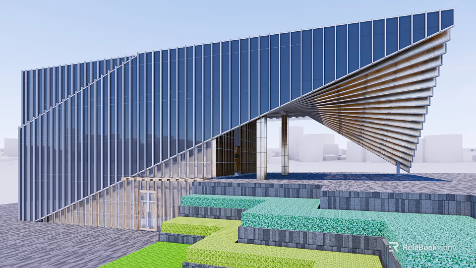 Modern Sales Office Building With Geometric Glass Facade And Landscaped Steps 3d model 