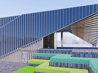 Modern Sales Office Building With Geometric Glass Facade And Landscaped Steps 3d model