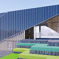 Modern Sales Office Building With Geometric Glass Facade And Landscaped Steps
