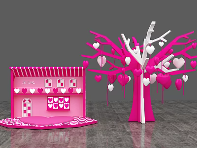Perfect Photo Spot With Pink Small House And Heart Decorated Tree 3d model