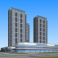 Modern High Rise Tower Complex With Glass Curtain Walls And Commercial Base Design