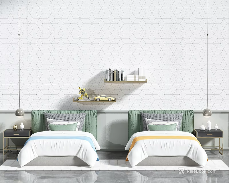 Cozy Bedroom Interior With Two Single Beds Green Headboard White Bedding And Hexagonal Wall 3d model 