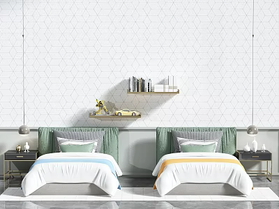 Cozy Bedroom Interior With Two Single Beds Green Headboard White Bedding And Hexagonal Wall 3d model
