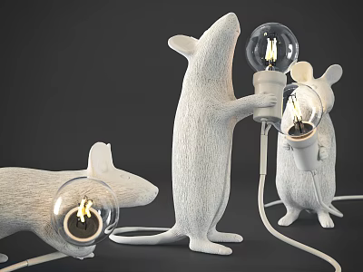 Three White Mouse Shaped Table Lamps With Transparent Bulbs Creative Design 3d model