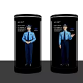 Open Interactive Zone With ZHICHENG Transparent Cylindrical Display Cases And Blue Uniform Figure Models