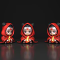 Three Cartoon Characters With Red Cloaks Holding Glowing Objects On Black Reflective Surface 3d model
