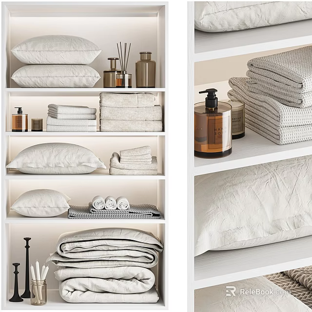 Minimalist Decorative Ornament Set on Shelves with Pillows Towels and Aromatherapy Bottles 3d model 