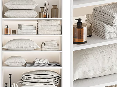 Minimalist Decorative Ornament Set on Shelves with Pillows Towels and Aromatherapy Bottles 3d model