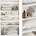 Minimalist Decorative Ornament Set on Shelves with Pillows Towels and Aromatherapy Bottles