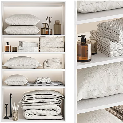 Minimalist Decorative Ornament Set on Shelves with Pillows Towels and Aromatherapy Bottles 3d model
