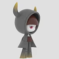 Cartoon Decorative Ornament Figurine Set with Grey Hooded Cloak Yellow Horns Brown Hair Red Eyes