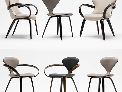 Modern Leisure Chair With Curved Backrest Armrests Upholstered Seats And Wooden Legs 3d model
