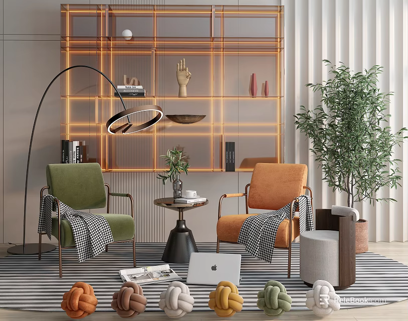 Green Orange Accent Chairs With Side Table Laptop Potted Plant Knitted Decor Shelf Floor Lamp 3d model 