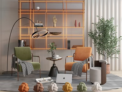 Green Orange Accent Chairs With Side Table Laptop Potted Plant Knitted Decor Shelf Floor Lamp 3d model