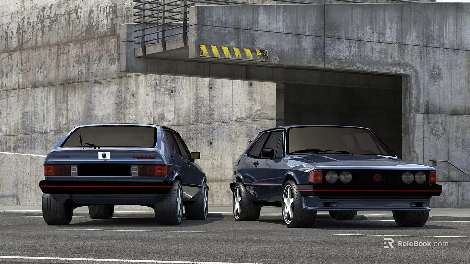 Two Classic Cars Parked Near Concrete Garage Entrance In Urban Setting 3d model 