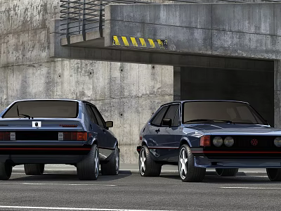 Two Classic Cars Parked Near Concrete Garage Entrance In Urban Setting 3d model