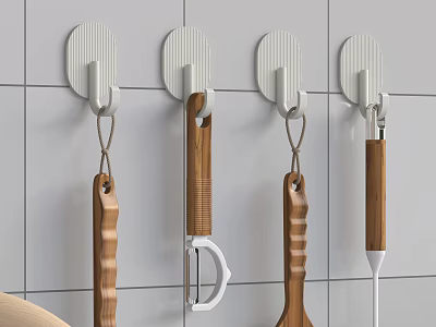 White Hooks Mounted On Tile Wall Holding Kitchen Utensils 3d model