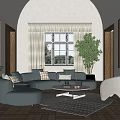 Elegant Living Room Interior With Teal Curved Sofa Round Coffee Table And Large Plant