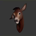 3D Brown Horse Head Model With Dark Mane Erect Ears And Open Mouth