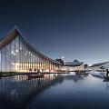 Boutique Homestay Buildings With Unique Roof Design Illuminated At Night By Waterfront And Trees