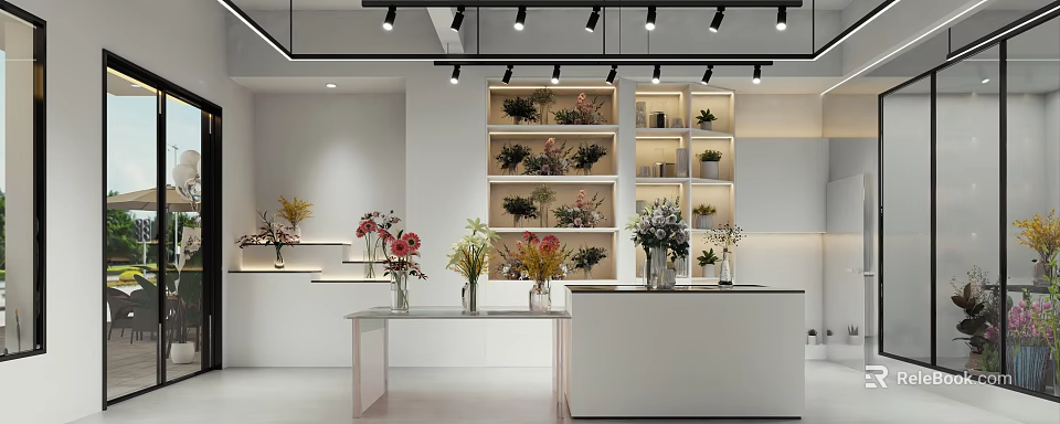 Modern Florist Shop with Shelves Displaying Colorful Fresh Flowers and Decorative Vases Under Bright Spotlights 3d model 