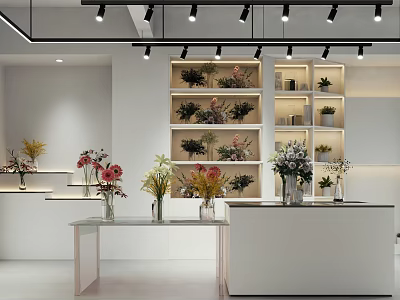 Modern Florist Shop with Shelves Displaying Colorful Fresh Flowers and Decorative Vases Under Bright Spotlights 3d model