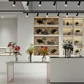 Modern Florist Shop with Shelves Displaying Colorful Fresh Flowers and Decorative Vases Under Bright Spotlights
