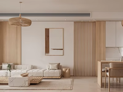 Modern Living and Dining Room Interior With Wooden Elements Sofa Coffee Table And Pendant Light 3d model