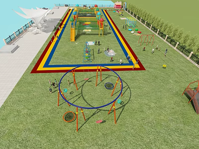 Outdoor Playground Equipment With Climbing Structures Swings And Colorful Turf Area 3d model