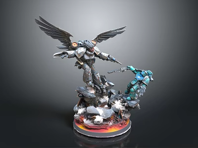 Winged Armored Game Movie Character Battling Blue Warrior On Rock Base With Flames 3d model