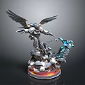 Winged Armored Game Movie Character Battling Blue Warrior On Rock Base With Flames