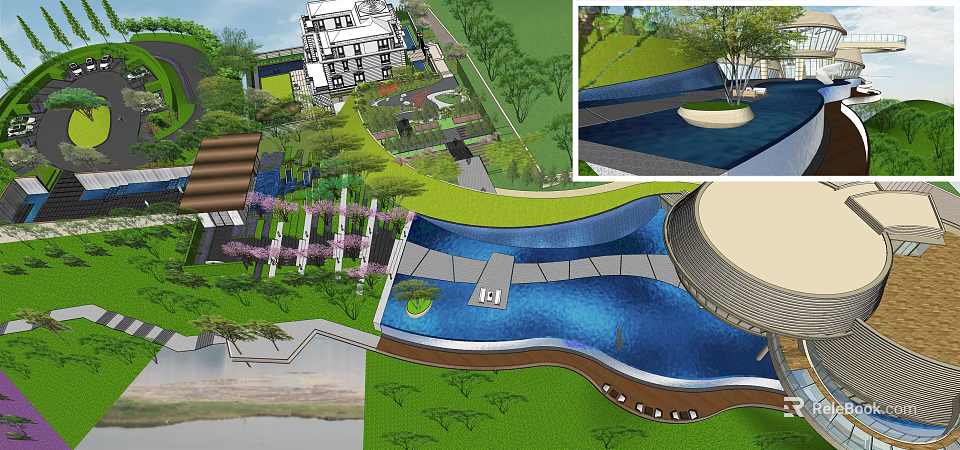 Elegant Garden Landscape Design Featuring Water Pool Winding Pathway And Lush Greenery 3d model 