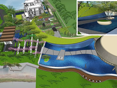 Elegant Garden Landscape Design Featuring Water Pool Winding Pathway And Lush Greenery 3d model