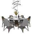 Elegant Round Dining Table Set With Six Gray Beige Chairs Flower Vase And Tableware 3d model