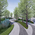 Park Landscape With Lush Green Trees Circular Lawn Curved Pathway And Decorative Balls