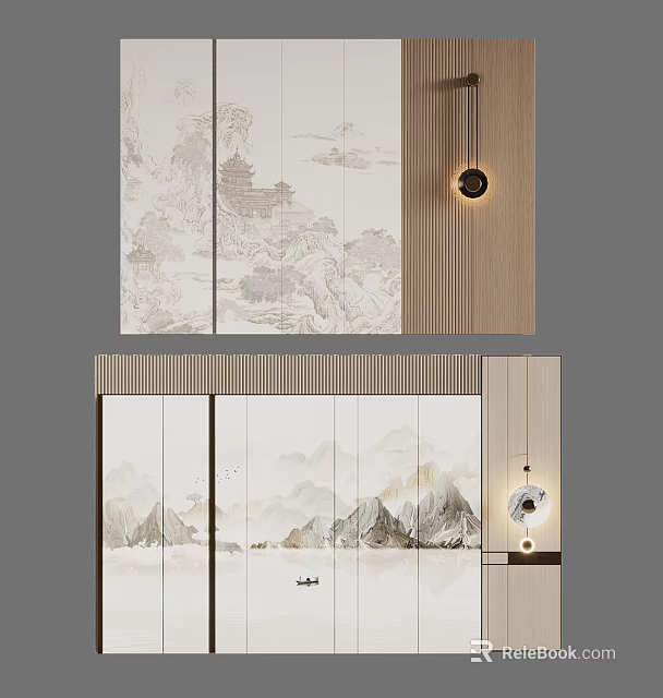 Chinese Landscape Painting Screen With Wooden Wall And Pendant Light Decor 3d model 