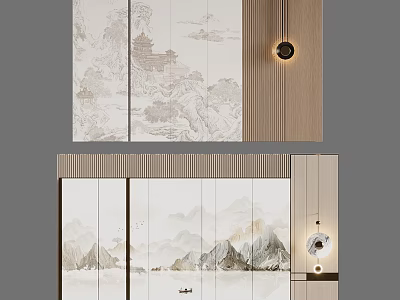 Chinese Landscape Painting Screen With Wooden Wall And Pendant Light Decor 3d model