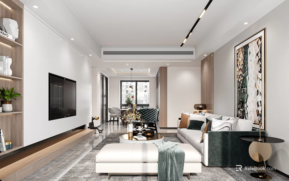 Modern Living Dining Room Interior With Sofa Coffee Table TV Dining Table And Pendant Lights 3d model