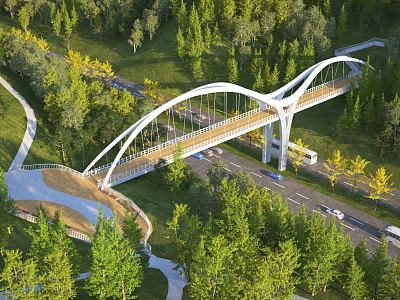 Beautiful Landscape Bridge With Arch Structure And Lush Forest Greenery Near Road 3d model