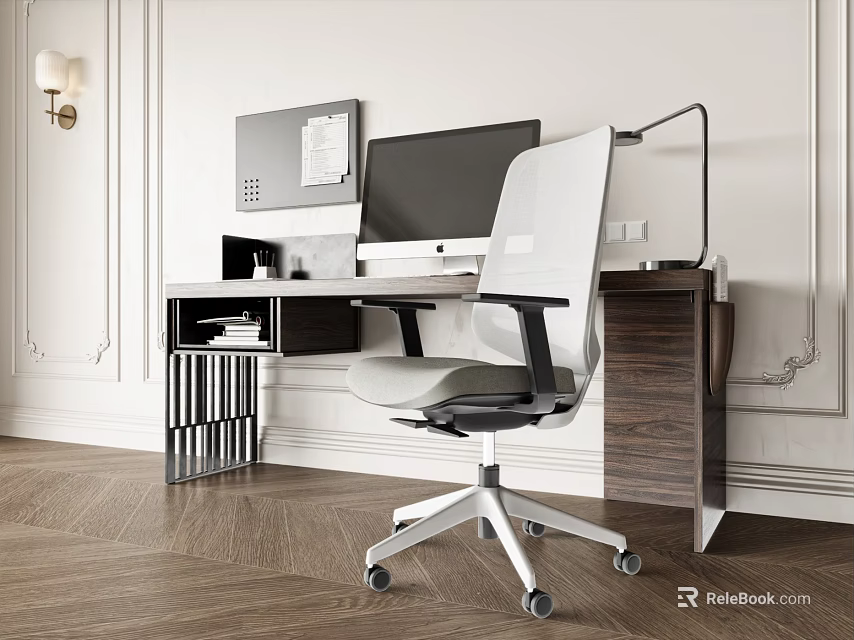 Modern Home Office Desk Setup With Computer Monitor Ergonomic Chair And Desk Lamp 3d model 