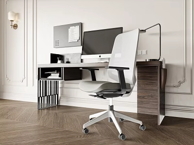 Modern Home Office Desk Setup With Computer Monitor Ergonomic Chair And Desk Lamp 3d model